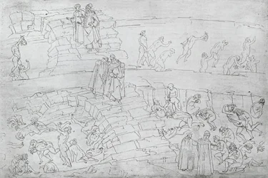 ダンテアリギエリ（1265-1321）c.1480の「神の喜劇」のダンテとバージル（紀元前70〜19年）